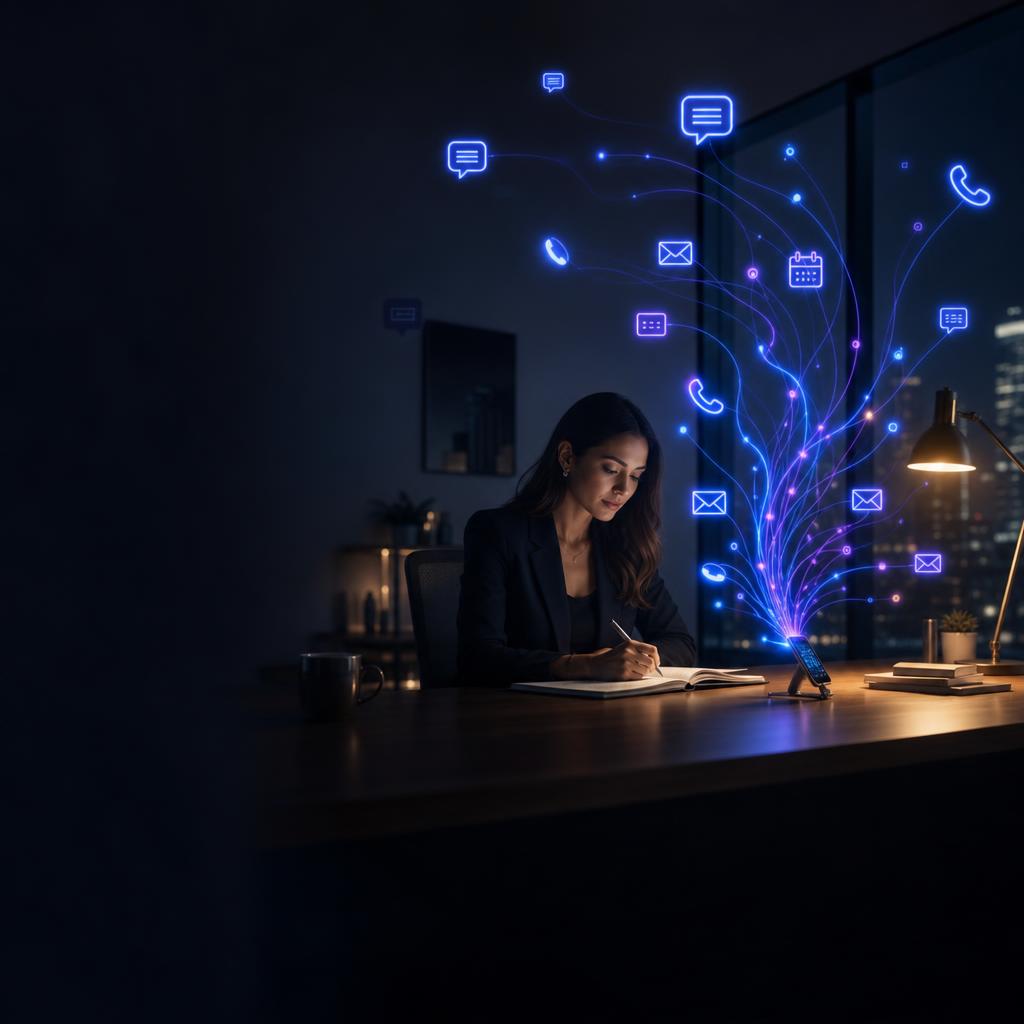 Business owner at desk while Atlas AI handles communications