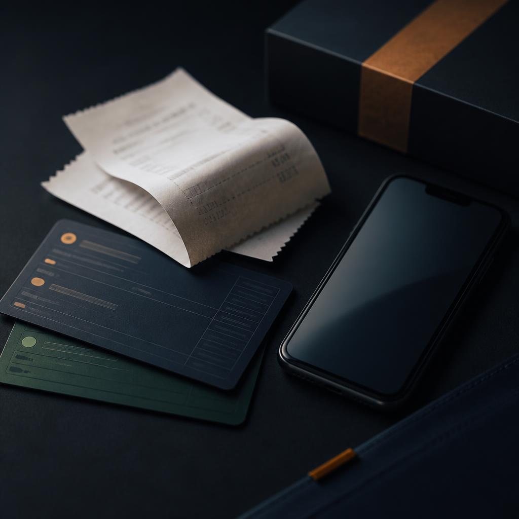 Receipts, order cards, and a phone arranged as a commerce workflow