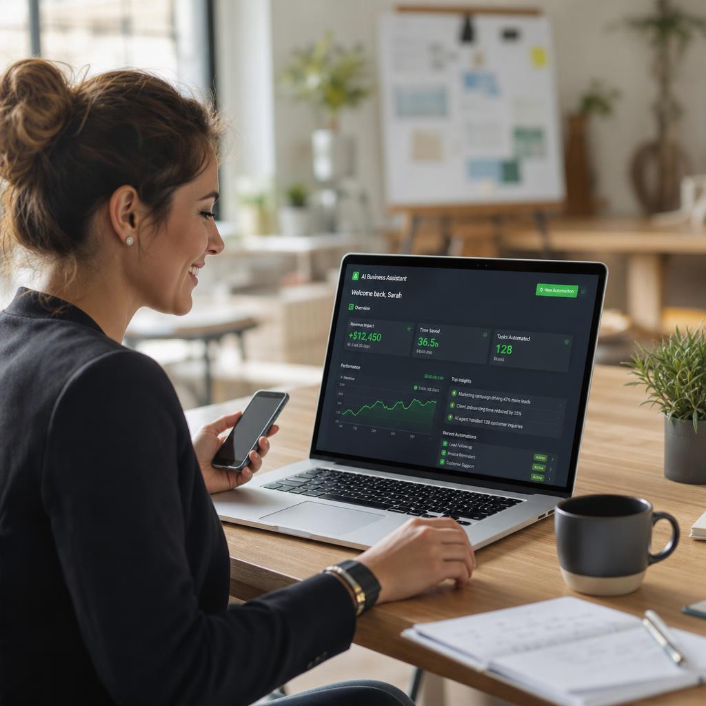 Relaxed business owner with AI dashboard on laptop